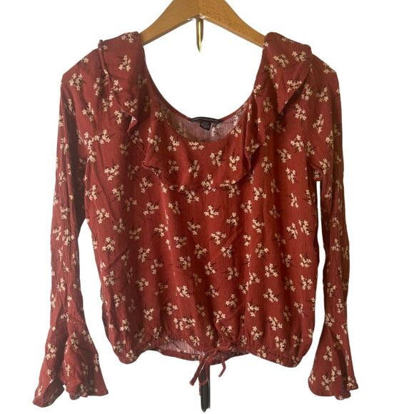 American Eagle Outfitters Rose Floral Ruffle Neck‎  Tie Waist Boho Blouse Sz SM - Picture 1 of 9